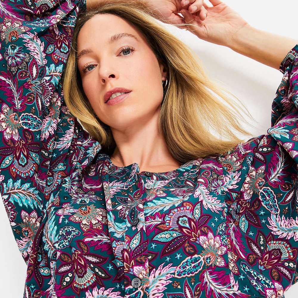 LOFT Medium Paisley Blouson Sleeve Blouse Purple Green Long Sleeve NWT $69